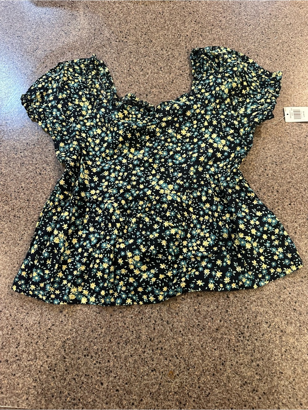 Floral Peasant Top - Black with Yellow & Mint Flowers